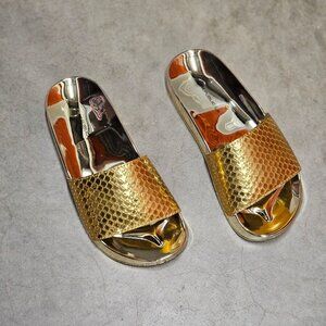 Metallic Gold Snake Pattern Slide Sandals With Reflective Sole - Stylish & Comfo